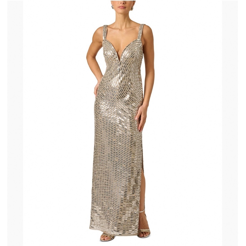 Adrianna by Adrianna Papell Silver Beaded Mirrored Evening Gown Dress Size 2